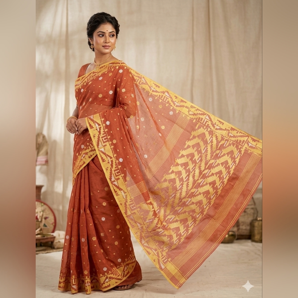 Women Pure 84 Count Cotton By Cotton Authentic Dhakai Jamdani Saree Handloom